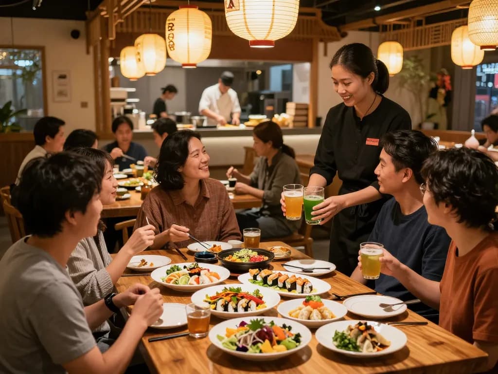 Dining experience at RED88, families enjoying Asian fusion dishes in a warm, inviting atmosphere.