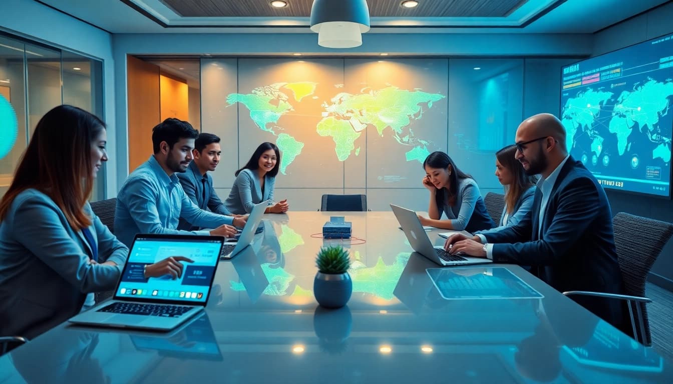 快连官网 showcasing professionals discussing internet services in a modern office.