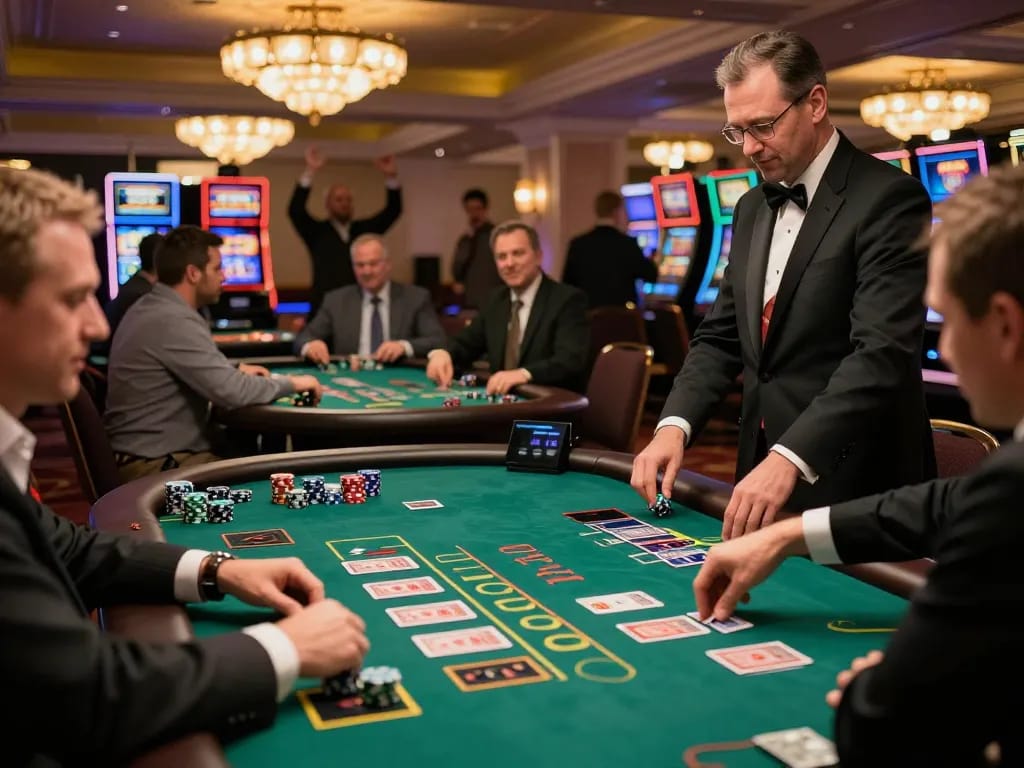 Players at da88 blackjack tables strategizing their bets amidst vibrant casino lights and decor