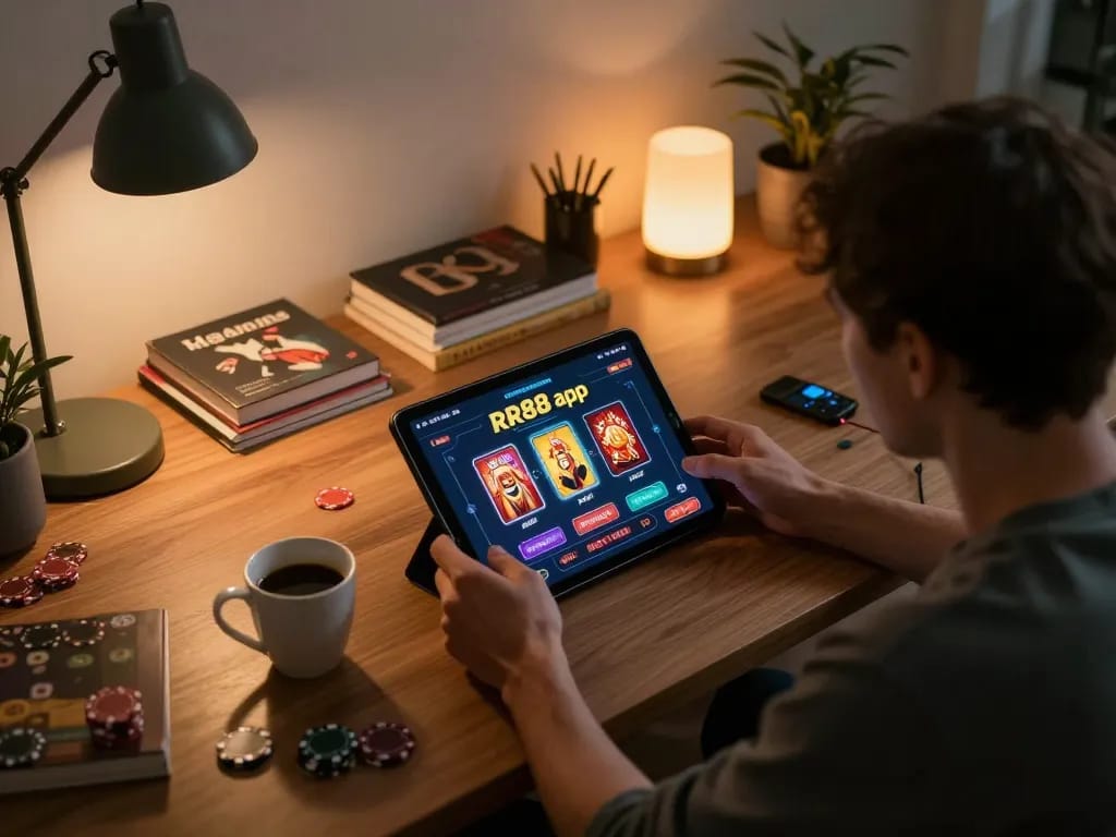 Engaging scene showing the RR88 apk in use for online gaming on a tablet, emphasizing strategic play.