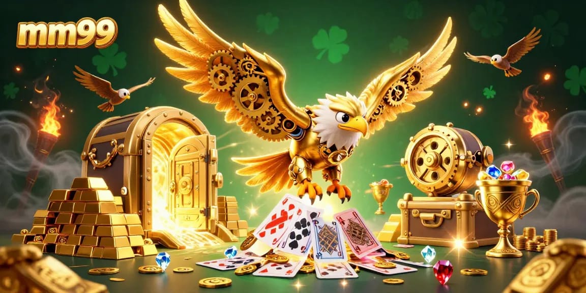 Experience the thrill of winning at mm99 with a golden eagle diving through holographic cards in a vibrant casino.