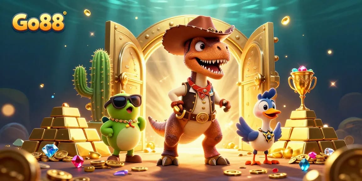 Spin and win at Go88 with a dynamic scene featuring a T-Rex cowboy and sparkling treasures.