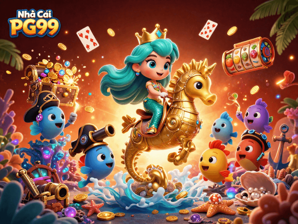 Engage with Nhà Cái PG99 by capturing the excitement of a vibrant underwater slot adventure featuring a mermaid and seahorse.