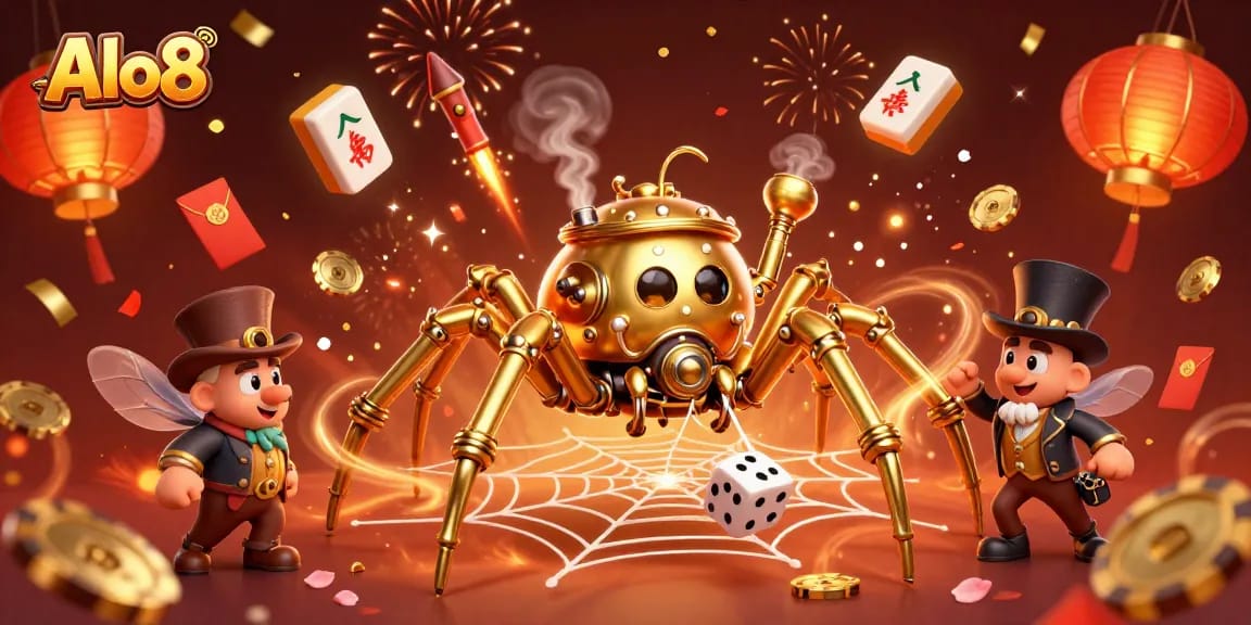 Alo8 showcases a 3D steampunk spider catching dice in a vibrant casino-themed scene with festive elements.