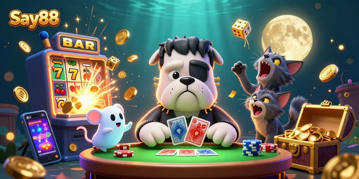 Experience the thrills of Say88 with a lively casino scene featuring a Frankenstein bulldog dealing cards.