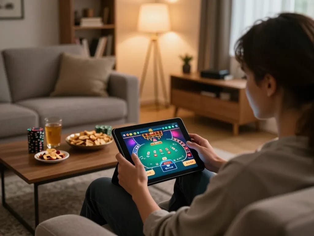 Engaging in đăng ký rr88 for online casino gaming on a tablet in a cozy home setting