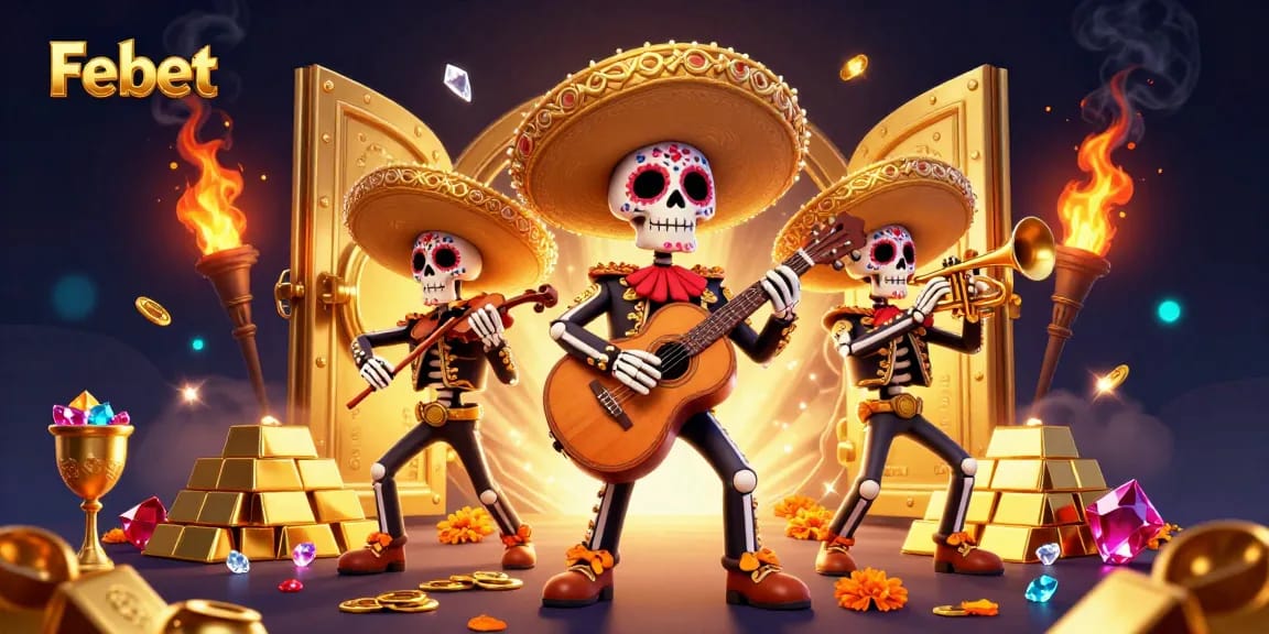 Join the excitement at Febet with vibrant mariachi characters celebrating casino fortune.