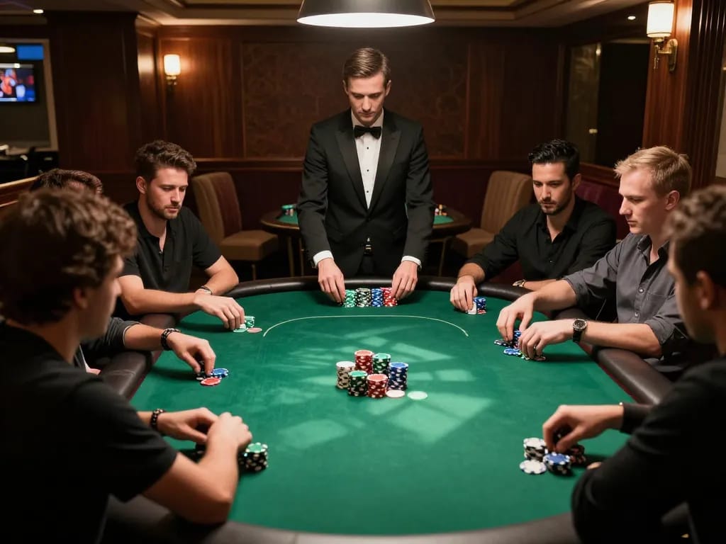 vin88 high-stakes poker game in an upscale environment, players focused and chips stacked at the round table