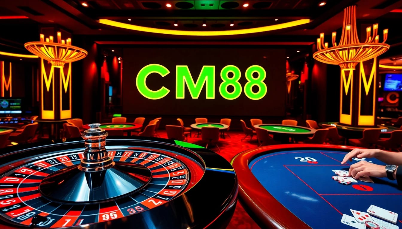 Experience thrilling gaming at CM88's luxurious casino tables with vibrant chips and cards.