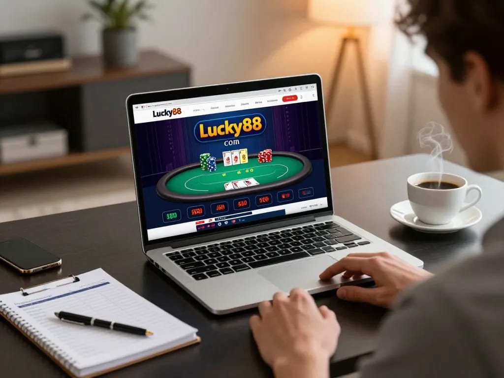 Player engaging on Lucky88 com during an online poker game with a stylish setup.