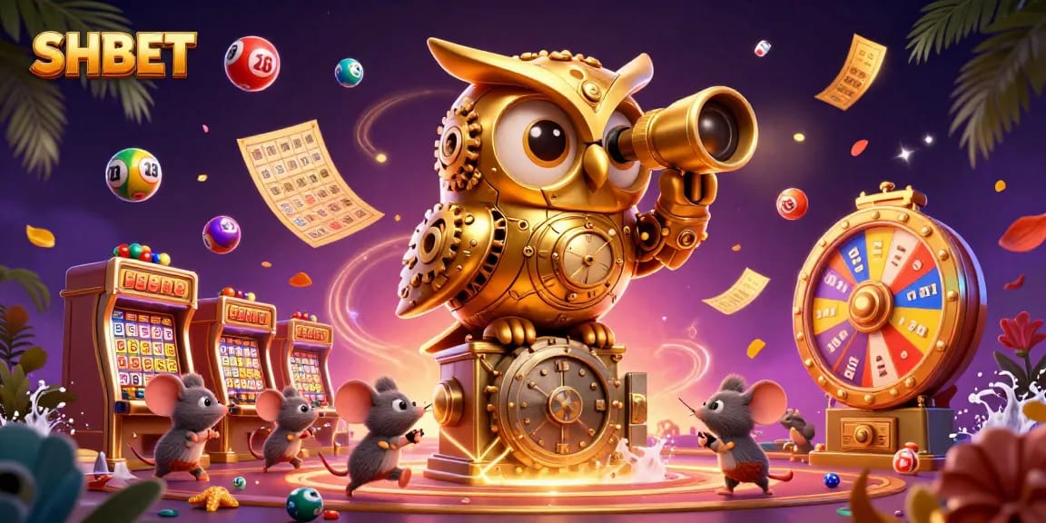 Experience the thrill of SHBET with vibrant slot machines and lively casino characters in a dynamic 3D illustration.