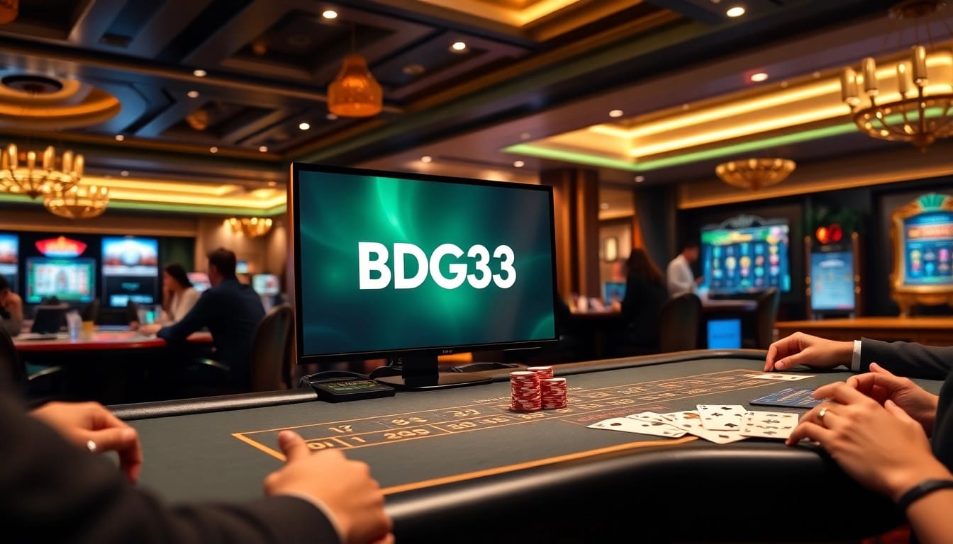 BDG33 players strategizing and enjoying immersive online table games in a luxurious casino environment.