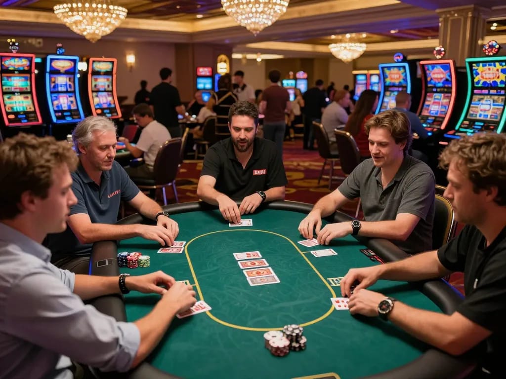 KP88 poker game in a vibrant Las Vegas casino with players focused on their hands and cards.