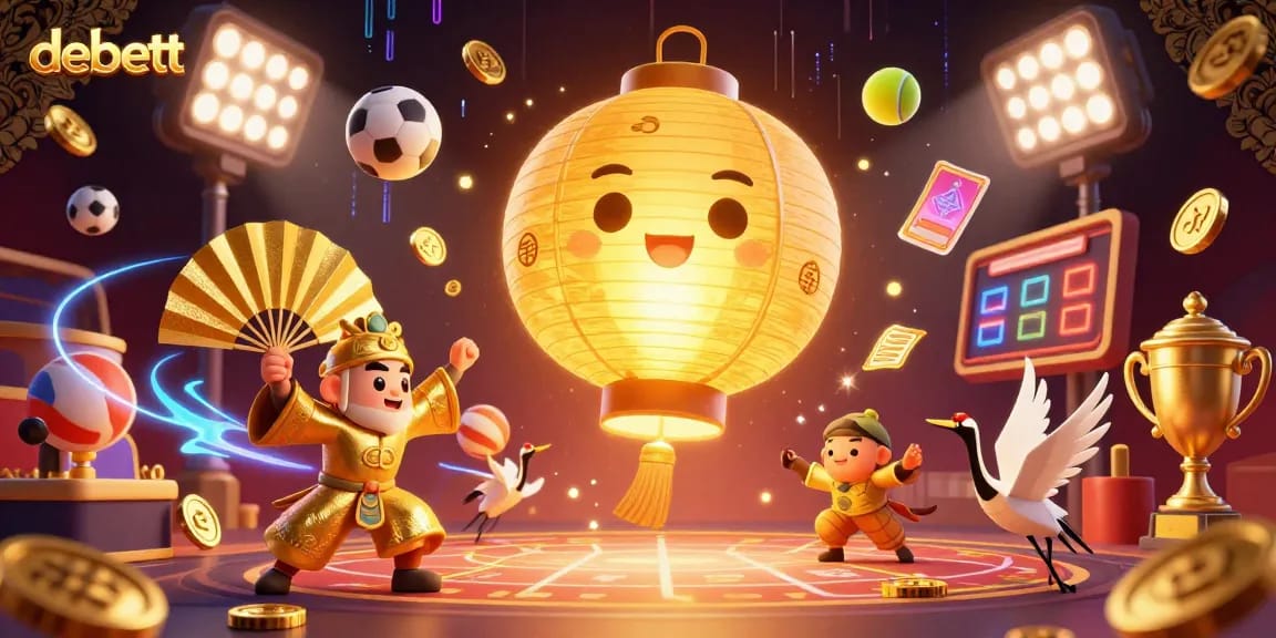 Engage in dynamic betting with debett's vibrant 3D casino illustration featuring golden lantern spirits and sports elements.