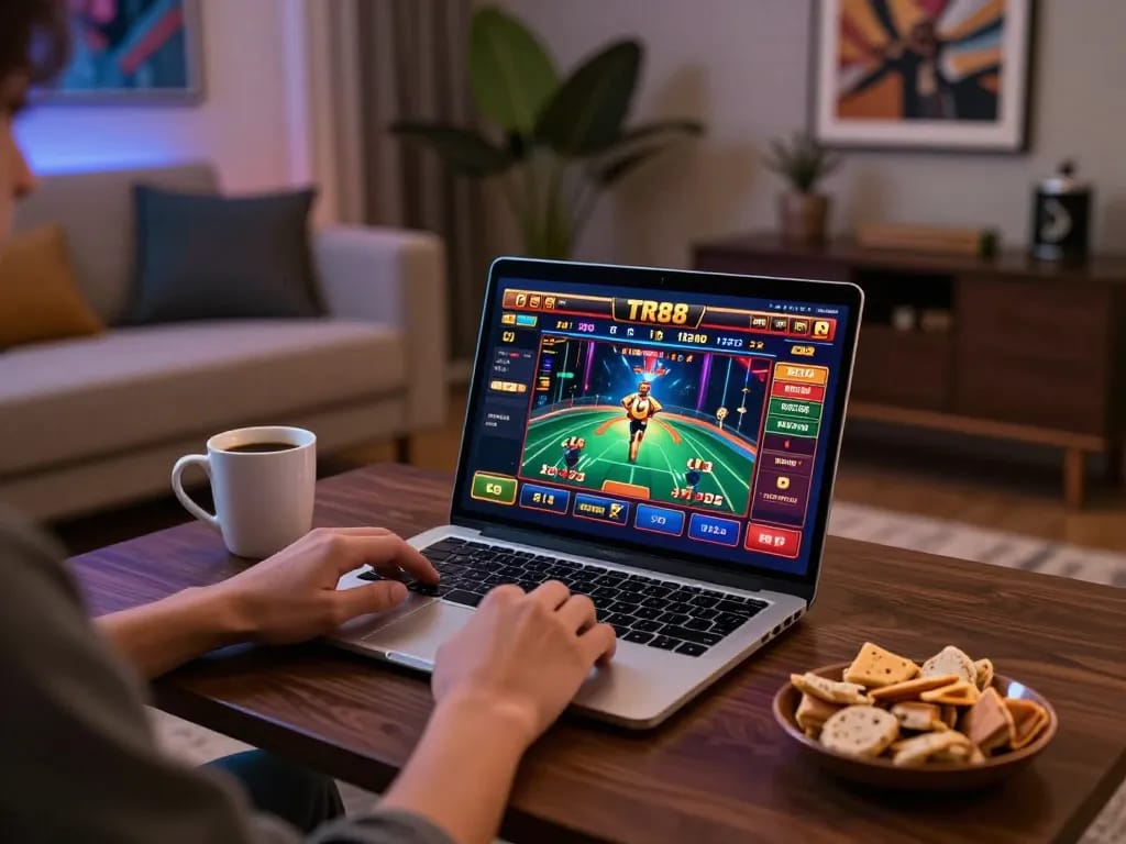 Player enjoying TR88 casino games on a laptop in a cozy, modern living room.