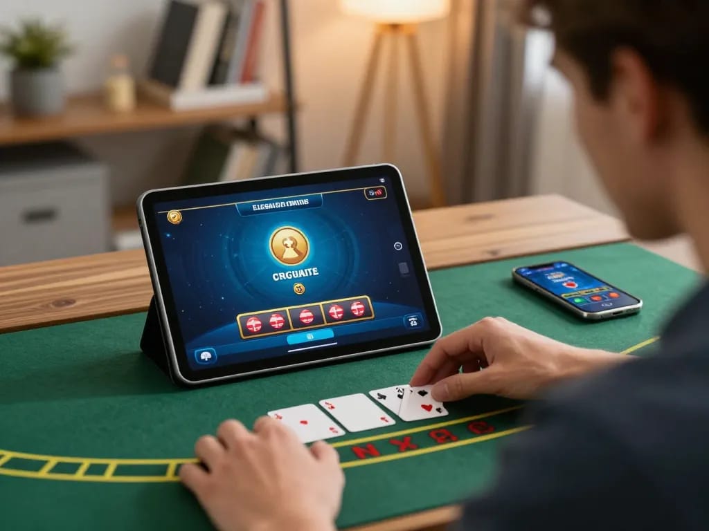 Engaged player strategizing an online blackjack bet with MM88 COM in cozy living room setup.