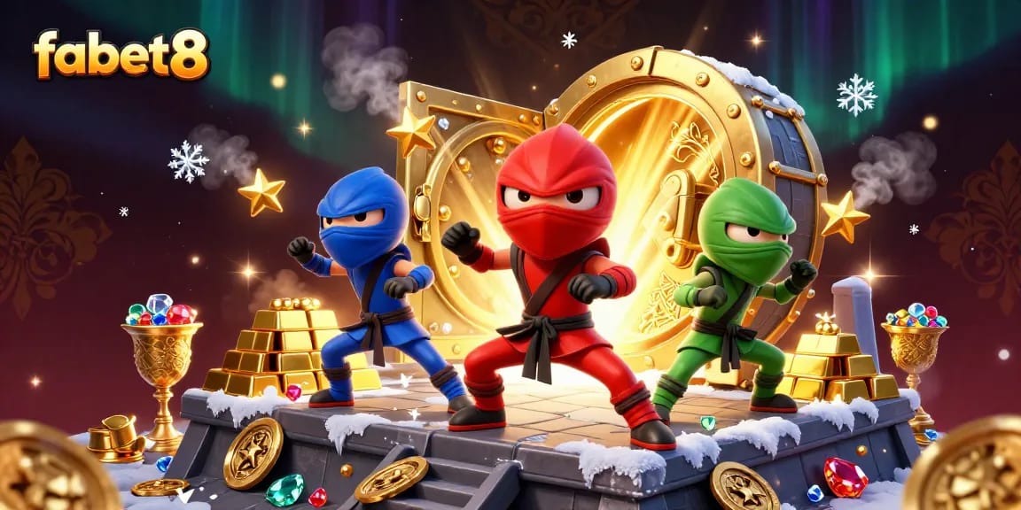 Experience the thrill of fabet8 with a dynamic 3D design showcasing a ninja chameleon team and casino treasures.
