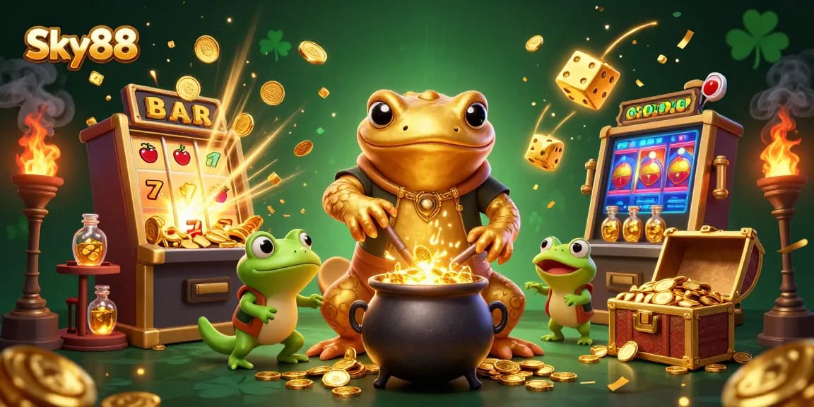 Experience exciting gaming adventures with Sky88's vibrant 3D illustration showcasing exhilarating casino elements.