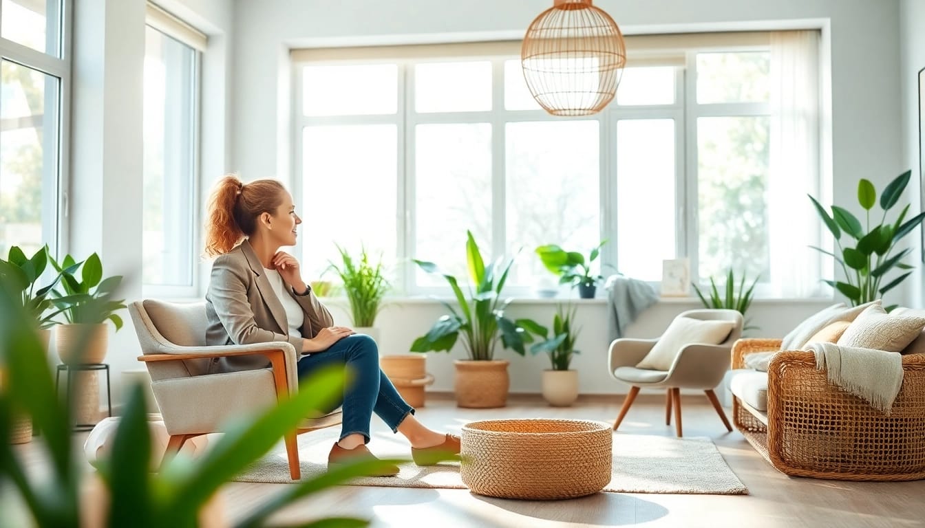 Addressing stress and anxiety in a soothing therapy setting with a coach and client interaction.