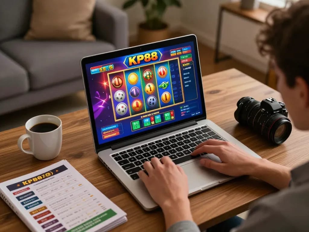 Player engaged with KP88 online slot games on a laptop at home, showcasing the gaming experience.