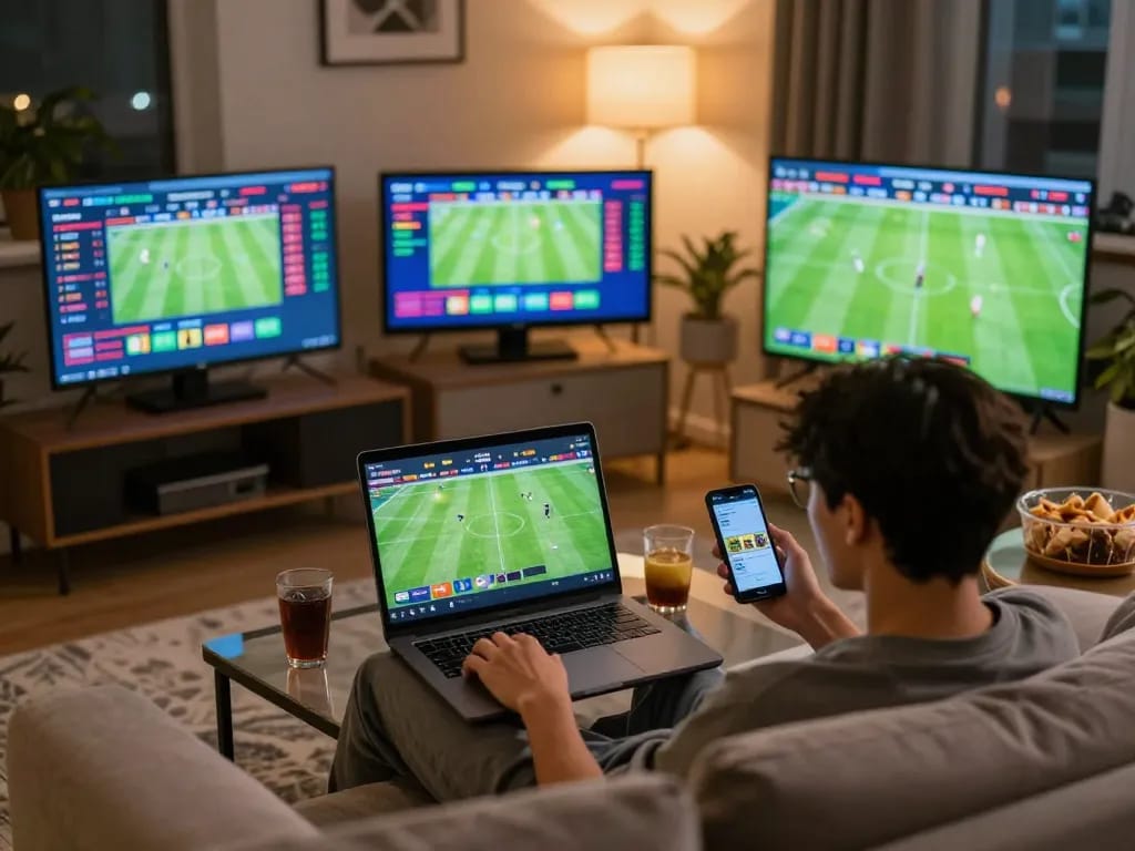 Experience thrilling live sports betting with link vào MM88 on laptop and smartphone in a cozy setting