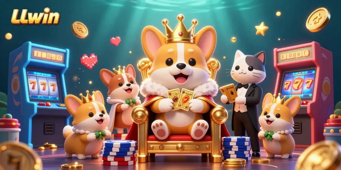 Experience LLwin's vibrant 3D casino scene with royal characters and colorful game elements.