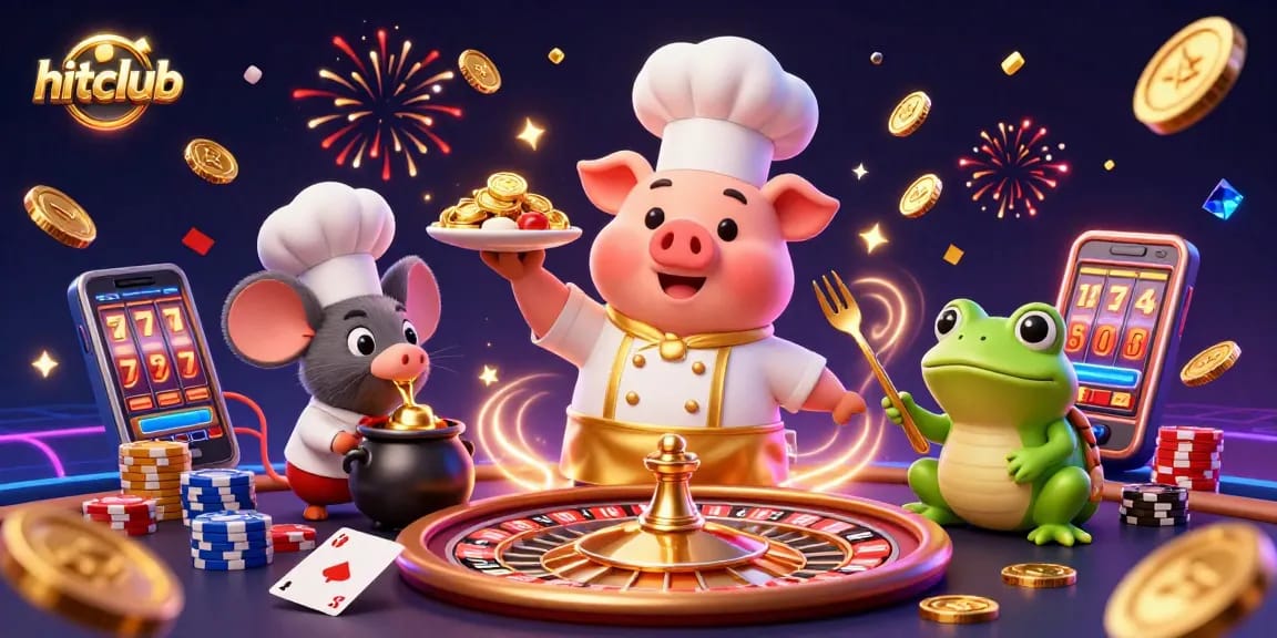 Engage with hitclub's thrilling casino experience as chef pig serves gold coins amid a vibrant, dynamic scene.