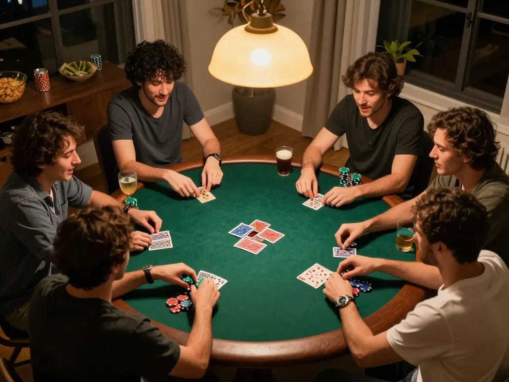 Players enjoying a lively poker night at home, showcasing lu88.com gaming strategy and social interaction.