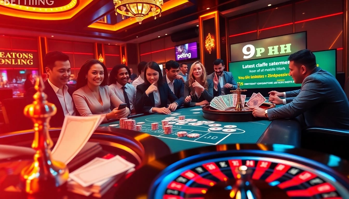 Players celebrating wins at the 9PH casino with chip stacks and cards in hand.