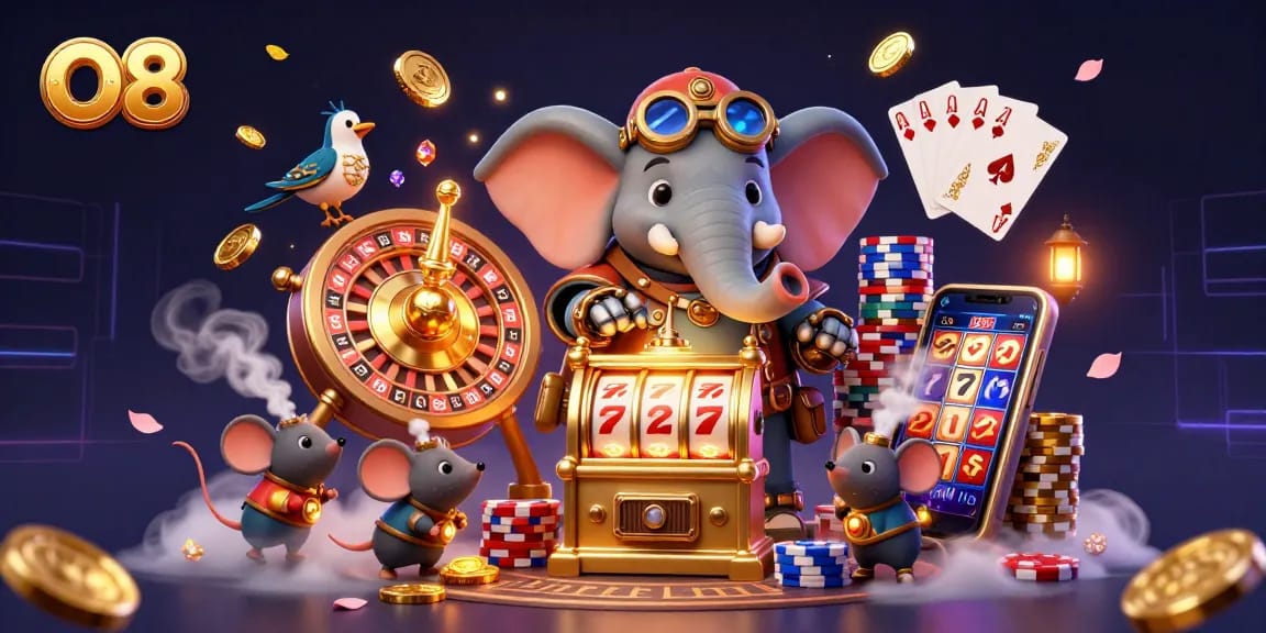 Engage with O8's dynamic casino scene featuring a steampunk elephant operating a slot machine amidst cascading coins and vibrant gaming elements.