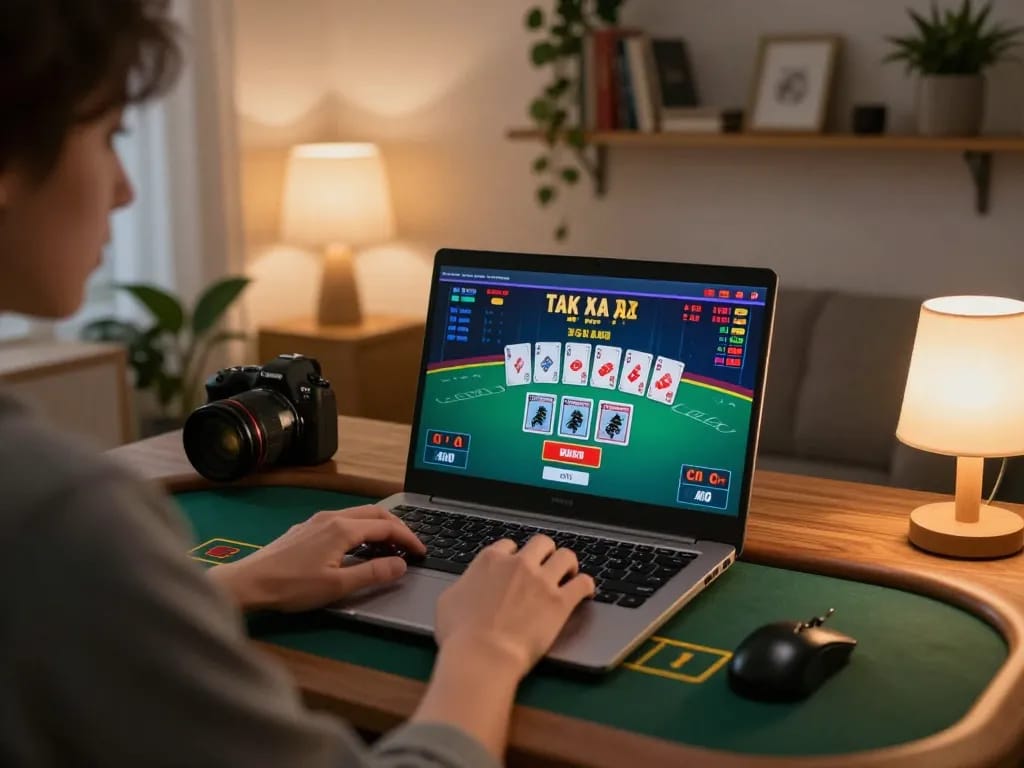Engaging player using laptop for live blackjack at https://vk88.vc/ in a cozy home setup.