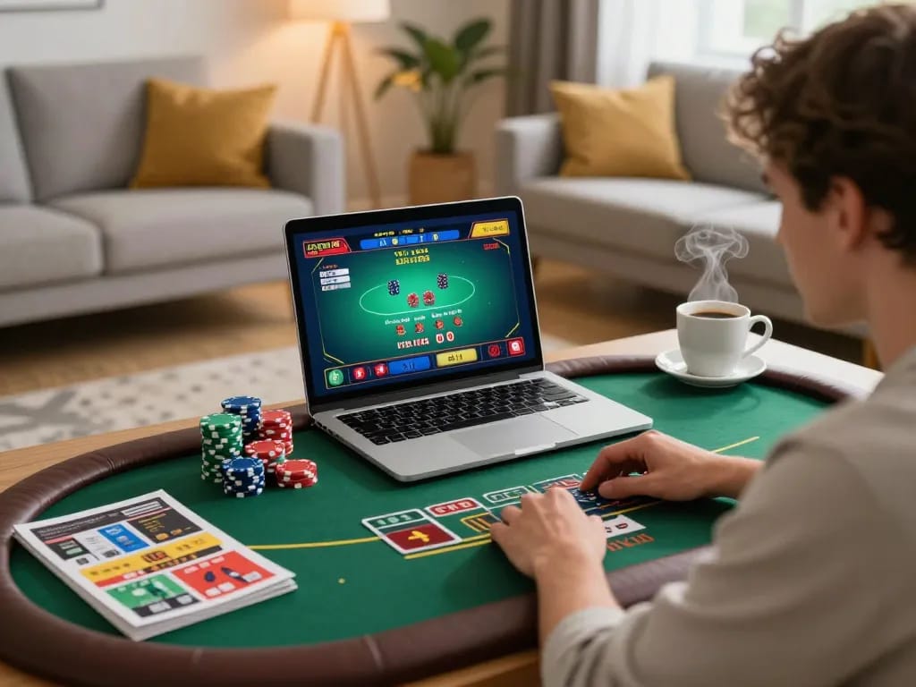 Lucky88 player engages with a live dealer at home, showcasing an interactive online gaming experience