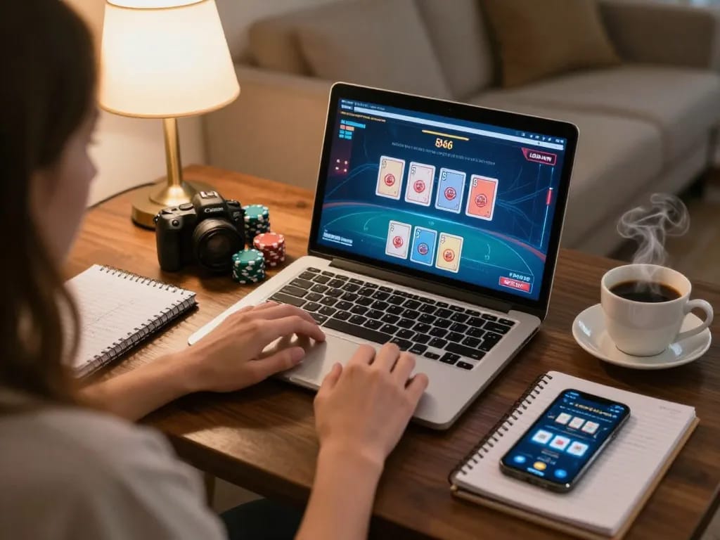 Player enjoying an exciting online poker game at S666.com, showing cards and chips on the laptop screen.