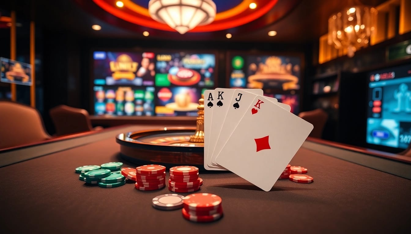 The scene at https://i9bet.space/ features a luxurious online casino with vibrant chips and winning cards.