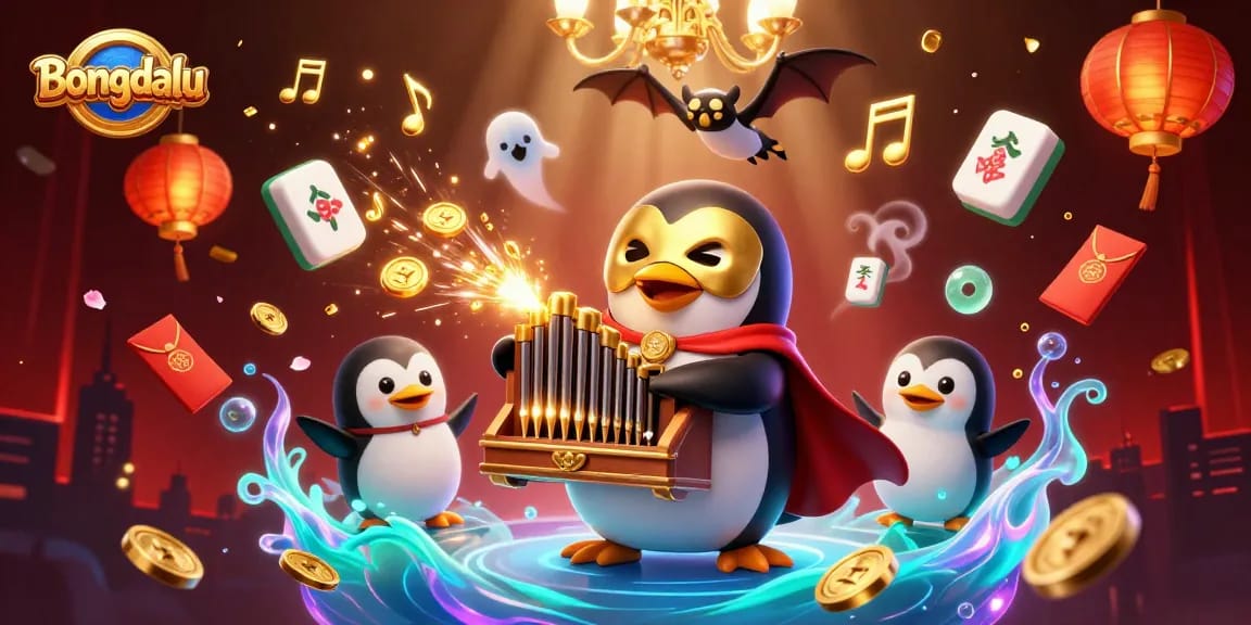 Bongdalu features a vibrant scene with a phantom opera penguin playing a coin-shooting organ amidst dynamic gambling elements.