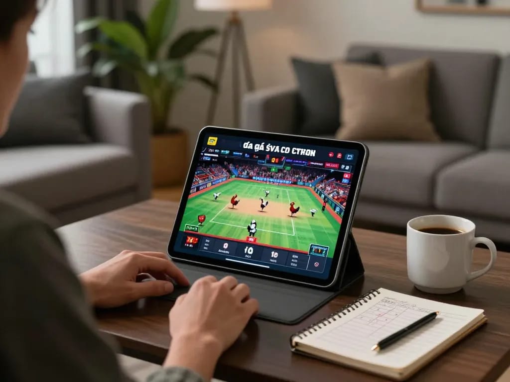 Watch the live đá gà trực tiếp match on a tablet in a stylish home setup with strategic notes.