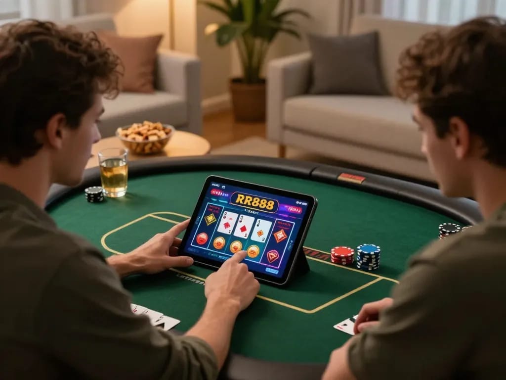 Engaging gameplay on RR888 poker tablet at home, highlighting a cozy atmosphere.