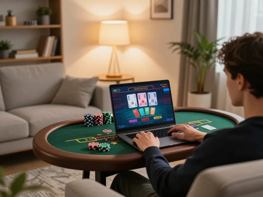 Engaging online gaming session at https://hd88.london/ with vibrant blackjack table on screen, showcasing responsible gambling.