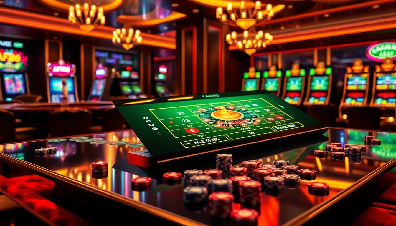 Engage with AF88's vibrant online gambling scene, featuring poker chips and a roulette table.