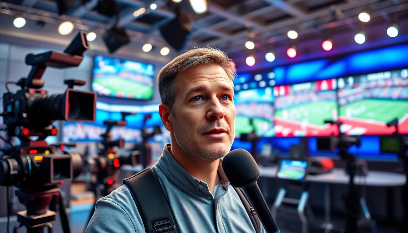 Engaging scene of sports broadcasting with a commentator, showcasing equipment and excitement in a vibrant studio.