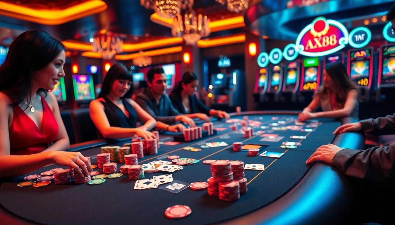 AX88 gaming scene with players at a vibrant casino table, colorful chips, and cards.