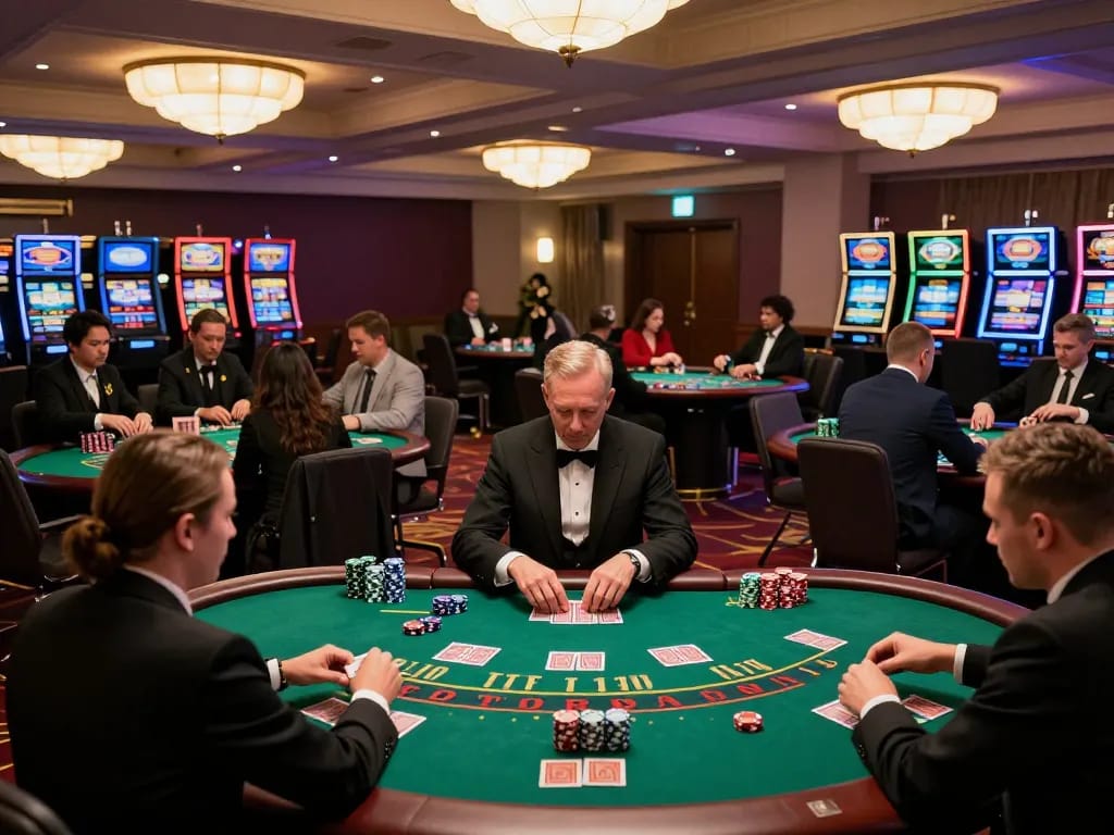 Players engaging in a thrilling blackjack game at TR88 casino, vibrant atmosphere with chips stacked.