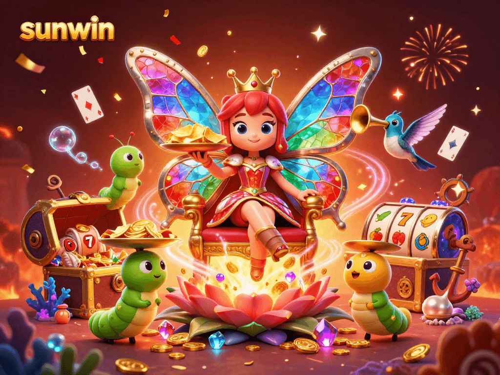Sunwin offers a vibrant casino experience with a magical butterfly queen surrounded by vivid gaming elements.