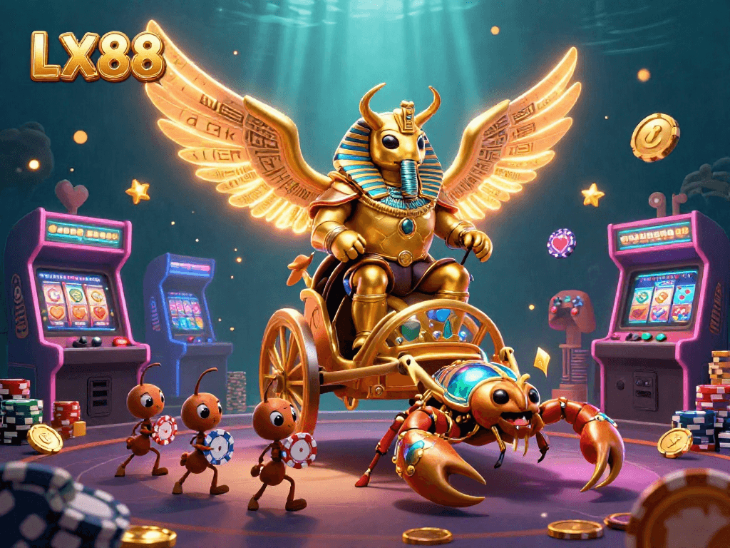 Engage with LX88's stunning 3D casino illustration featuring vibrant gaming elements and gilded characters in action.
