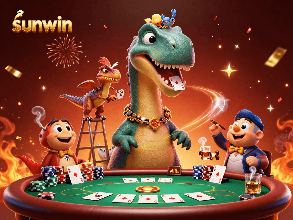 Experience thrilling gameplay at sunwin with a giant brontosaurus dealer at a poker table.