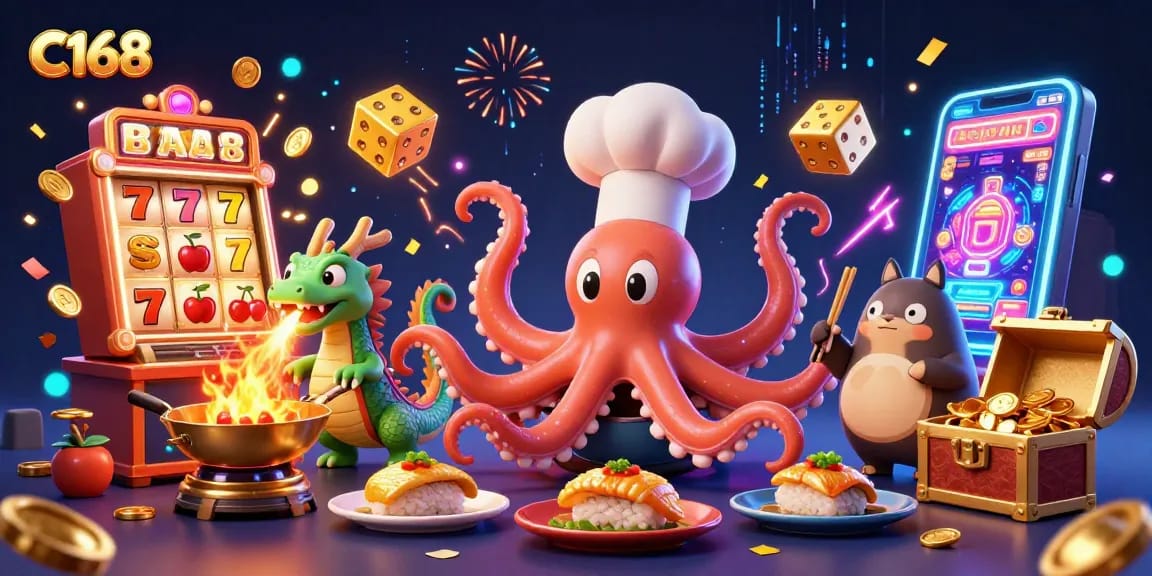 C168 slots casino scene with a cartoon sushi octopus chef, dragon, and tanuki amidst vibrant gaming elements.