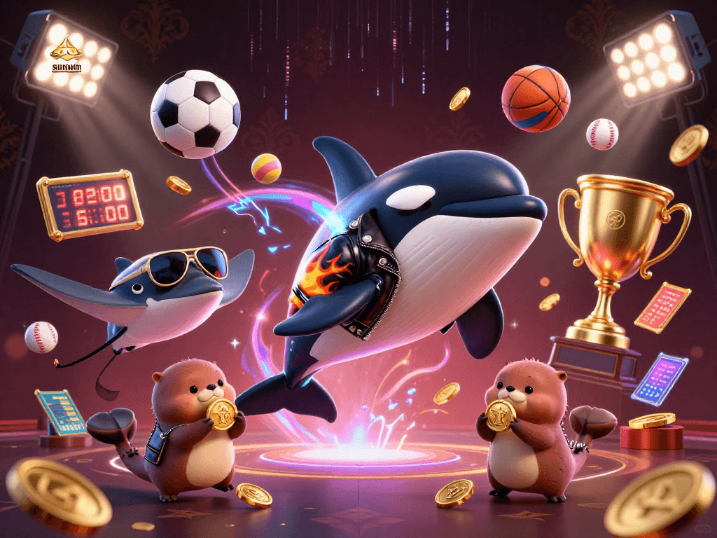 Win big with sunwin as the orca and otters celebrate in a dynamic casino scene.
