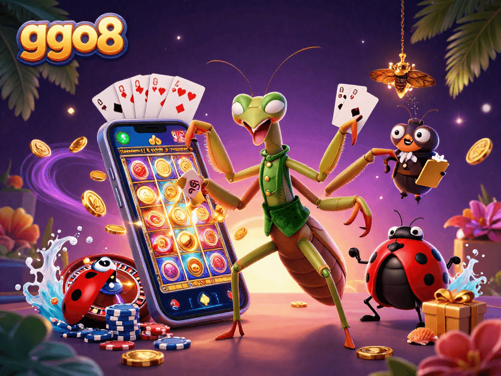 Experience ggo8's thrilling gaming world with a dynamic scene of cartoon characters engaging in action-packed casino activities.
