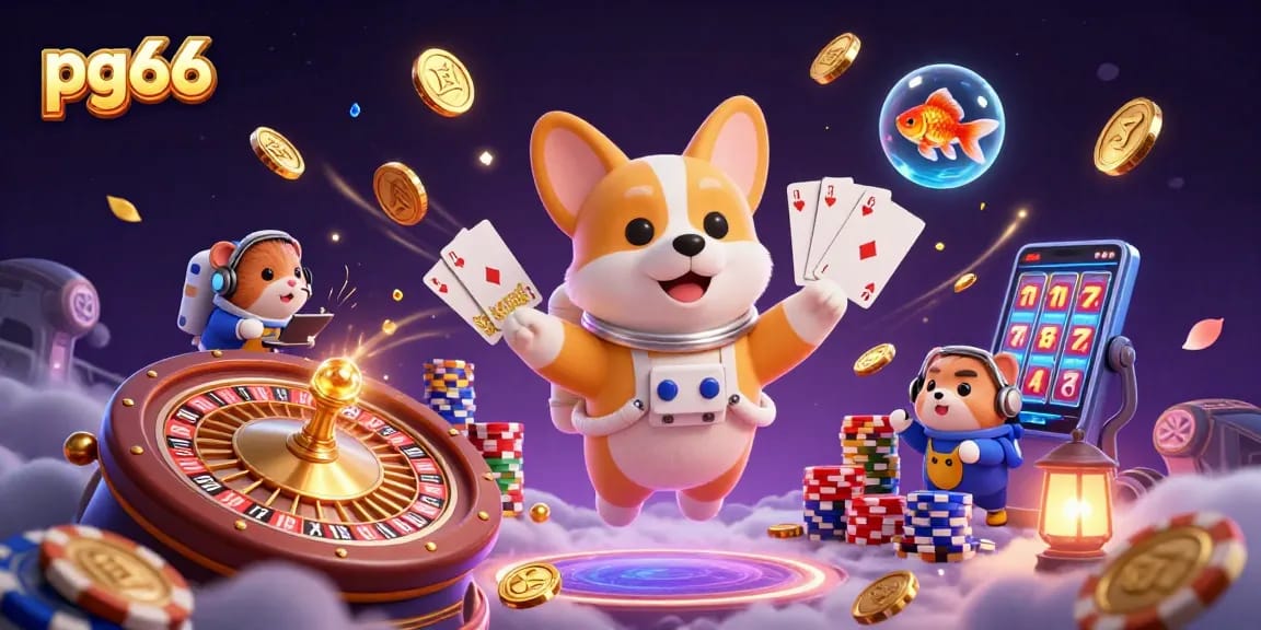 Experience the excitement of pg66's unique online casino with a playful astronaut corgi and dynamic gaming elements.