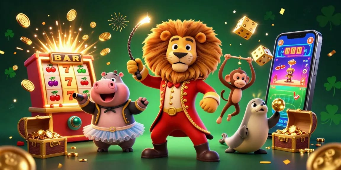 Experience the thrill of luck8 with fun characters and vibrant slot actions in a casino scene.